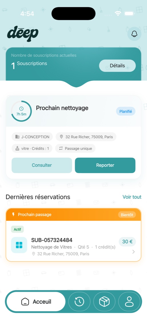 Deep Clean · tableau de bord client